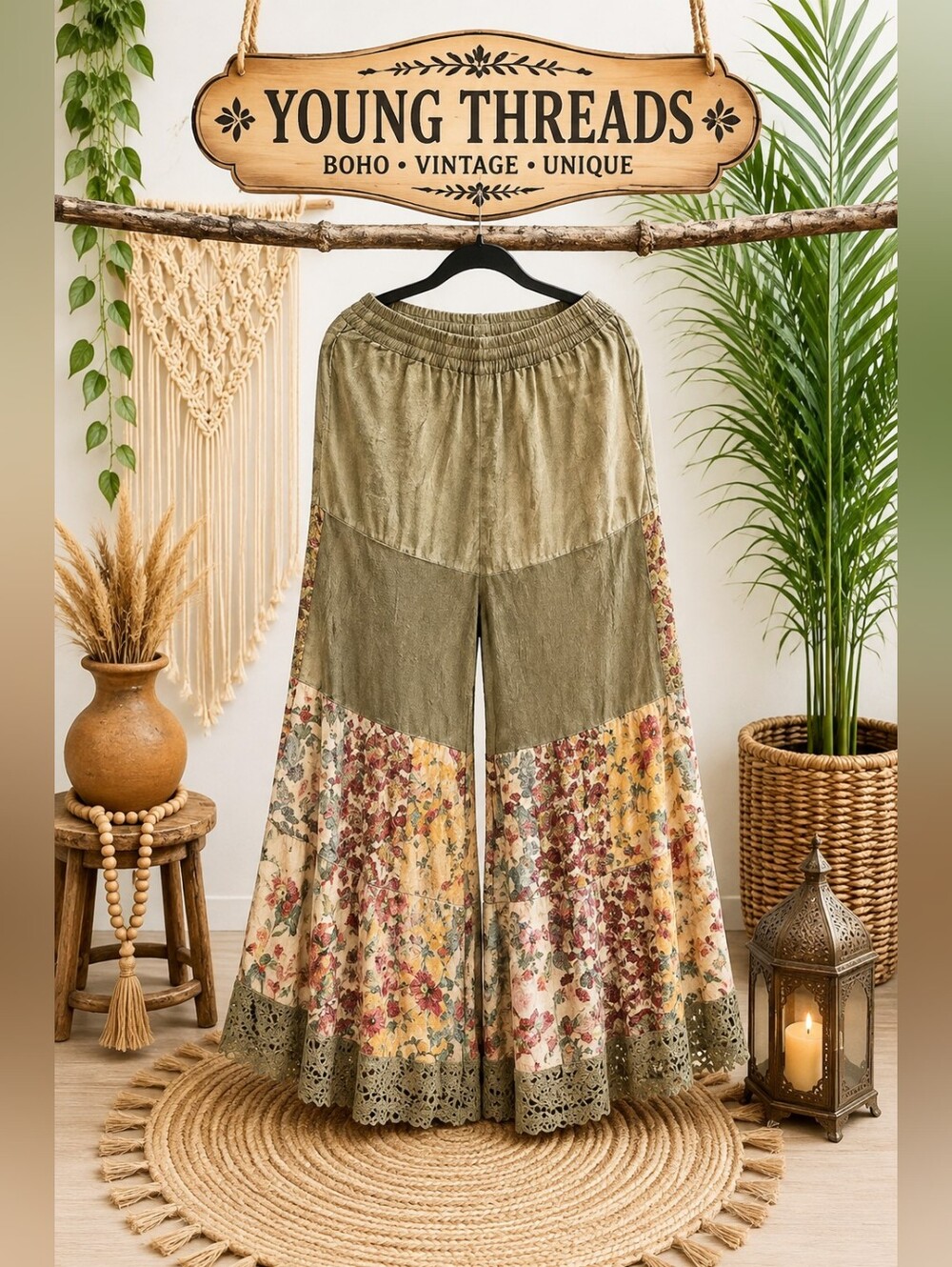 Young Threads Olive Wide-Leg Boho Pants with Floral Panels
